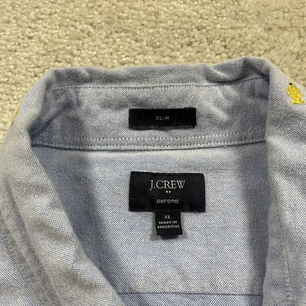 J Crew Shirt Mens XL Blue Oxford Short Sleeve Gold Fish Embroidered Slim Fit